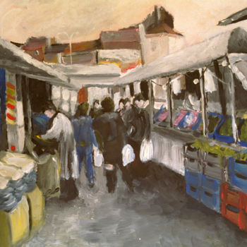 Painting titled ""Marché de Jette"" by Olivier Rose, Original Artwork, Acrylic Mounted on Wood Panel