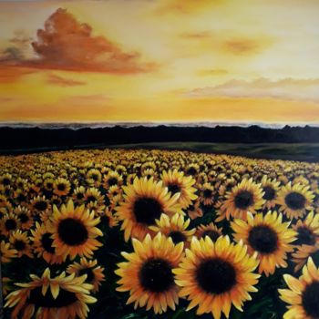 Schilderij getiteld "Sunset" door Iryna Lubera, Origineel Kunstwerk, Olie Gemonteerd op Frame voor houten brancard