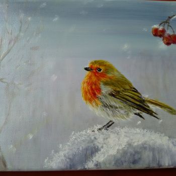 Painting titled "Robin bird in winter" by Olga Levicheva, Original Artwork, Oil