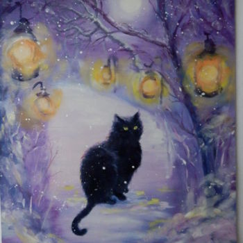 Pintura intitulada "mysterious cat" por Olga Levicheva, Obras de arte originais, Óleo