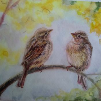 Painting titled "two sparrows" by Olga Levicheva, Original Artwork, Watercolor