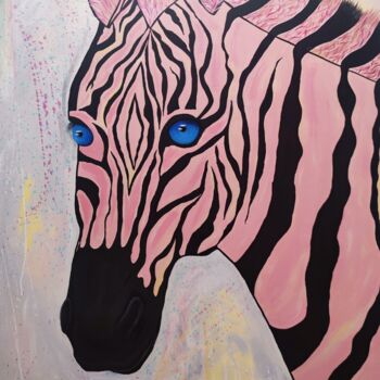 Painting titled "Pink zebra. Large w…" by Olya Enina, Original Artwork, Acrylic Mounted on Wood Stretcher frame