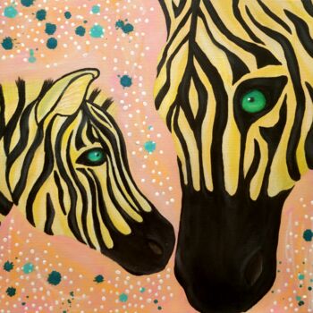 Pintura titulada "Bond. Yellow zebras…" por Olya Enina, Obra de arte original, Oleo Montado en Bastidor de camilla de madera