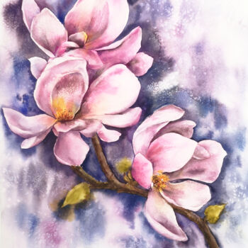 Pittura intitolato "Magnolia flowers bo…" da Olya Grigorevykh, Opera d'arte originale, Acquarello