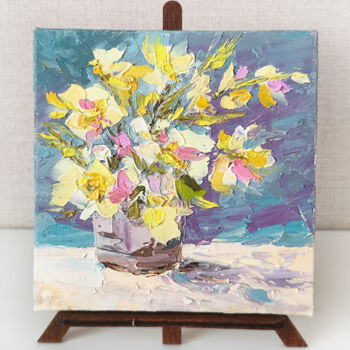 Schilderij getiteld "Flowers in vase. Da…" door Olya Grigorevykh, Origineel Kunstwerk, Olie