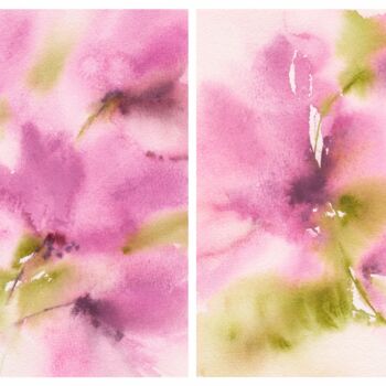 Pintura intitulada "Pink flowers diptych" por Olya Grigorevykh, Obras de arte originais, Aquarela