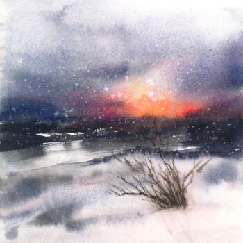 Pintura intitulada "Winter landscape" por Olya Grigorevykh, Obras de arte originais, Aquarela