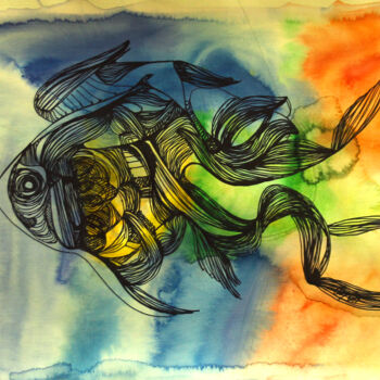 Ζωγραφική με τίτλο "Fish of the future" από Olya Kartavaya, Αυθεντικά έργα τέχνης, Ακουαρέλα