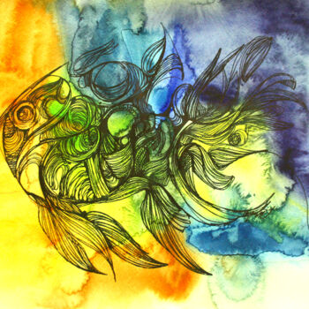 「8 Fish of the future」というタイトルの絵画 Olya Kartavayaによって, オリジナルのアートワーク, 水彩画