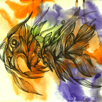 Painting titled "13 Fish of the futu…" by Olya Kartavaya, Original Artwork, Watercolor