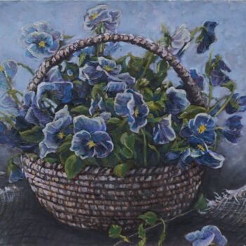 Painting titled "Violets in the bask…" by Olya Lioness, Original Artwork, Oil Mounted on Wood Stretcher frame