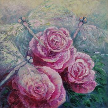 Peinture intitulée "Roses and dragonfli…" par Olya Lioness, Œuvre d'art originale, Huile Monté sur Châssis en bois