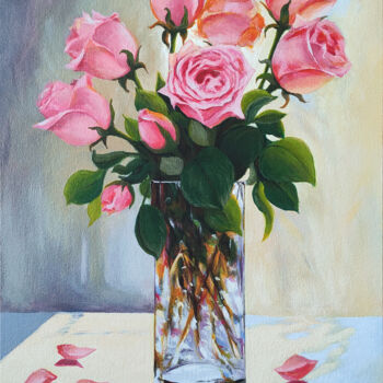 Painting titled "Pink roses in a gla…" by Olya Zdorovets, Original Artwork, Acrylic