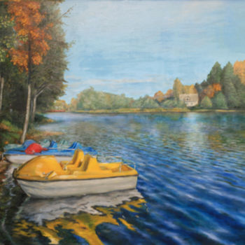 Schilderij getiteld "Trakai, catamarans" door Oleg Ivanishchev, Origineel Kunstwerk, Olie