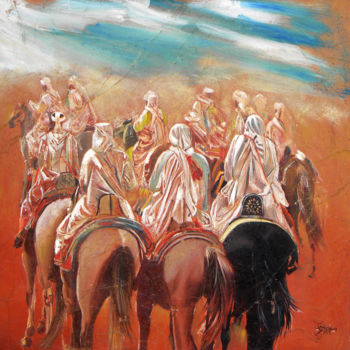 Pintura intitulada "Les cavaliers" por Omari, Obras de arte originais, Óleo Montado em Armação em madeira