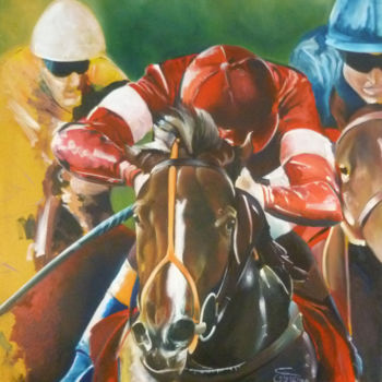 Painting titled "Jockeys" by Omari, Original Artwork, Oil Mounted on Wood Stretcher frame