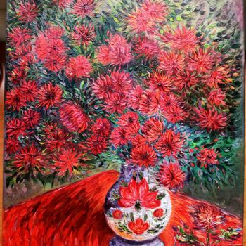 Painting titled "Red chrysanthemums…" by Daleka Olga, Original Artwork, Oil Mounted on Wood Stretcher frame