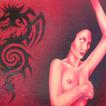 Peinture intitulée "femme dragon rouge" par Omphale, Œuvre d'art originale, Huile