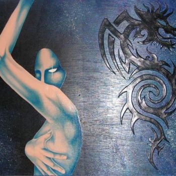 Peinture intitulée "femme dragon bleu" par Omphale, Œuvre d'art originale, Huile