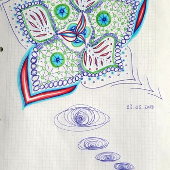 Drawing titled "Flower Party UFO" by Omsurya Sandra Inti Ruphay, Original Artwork, Ballpoint pen