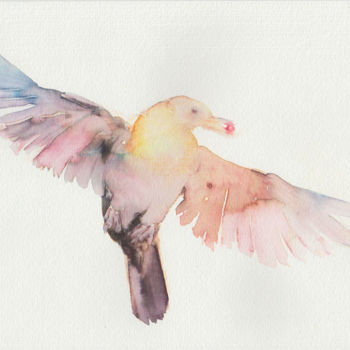 Painting titled "BIRD WITH BERRY" by Ona Lodge, Original Artwork, Watercolor
