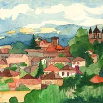 Zeichnungen mit dem Titel "Vue du village Raba…" von Frederic Peire, Original-Kunstwerk
