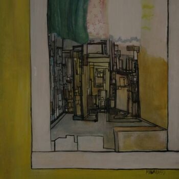Pintura intitulada "Roupa à janela" por Onofre Manata, Obras de arte originais, Óleo