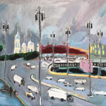 Schilderij getiteld "storm over the city" door Opaartist, Origineel Kunstwerk, Olie