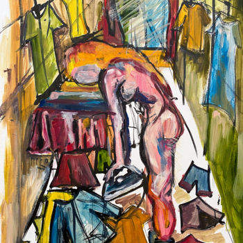 Painting titled "Ironing Lieutenant" by Sasha Neschastnova, Original Artwork, Oil