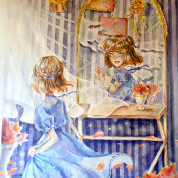 Картина под названием "Девушка в зеркале" - Даша Порунцова, Подлинное произведение искусства, Акварель
