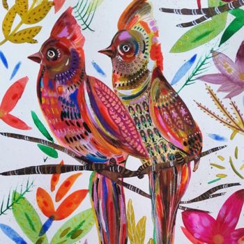 Peinture intitulée "Couple oiseaux" par Céline Marcoz, Œuvre d'art originale, Aquarelle
