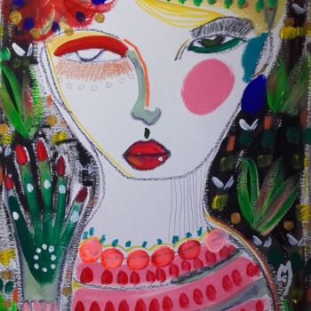 Schilderij getiteld "Portrait Femme Visa…" door Céline Marcoz, Origineel Kunstwerk, Acryl