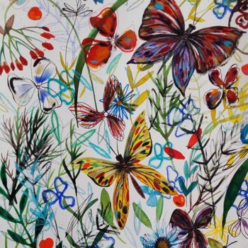 Painting titled "Papillons Fleurs" by Céline Marcoz, Original Artwork, Watercolor