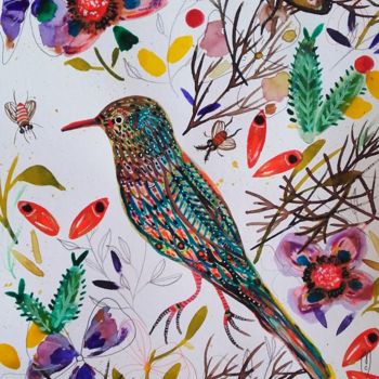 Schilderij getiteld "Oiseau Fleurs Aquar…" door Céline Marcoz, Origineel Kunstwerk, Aquarel