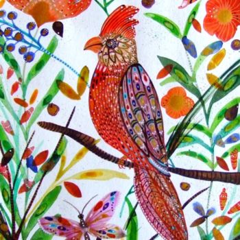 Painting titled "Oiseau Fleurs Birds…" by Céline Marcoz, Original Artwork, Watercolor