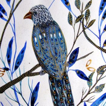 Картина под названием "Oiseau Blue Bird" - Céline Marcoz, Подлинное произведение искусства, Акварель