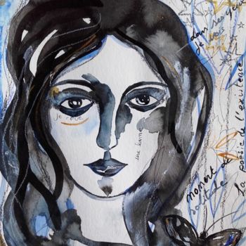 Картина под названием "Portrait Femme" - Céline Marcoz, Подлинное произведение искусства, Акварель