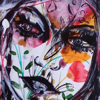 Malarstwo zatytułowany „Femme Fleurs Portra…” autorstwa Céline Marcoz, Oryginalna praca, Akwarela