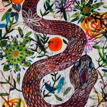 Pittura intitolato "Serpent et Fleurs" da Céline Marcoz, Opera d'arte originale, Acquarello