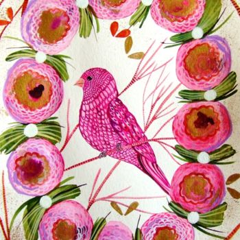Malarstwo zatytułowany „Oiseau et Fleurs Pi…” autorstwa Céline Marcoz, Oryginalna praca, Akwarela