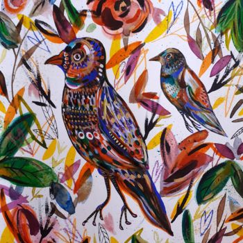 Painting titled "Oiseaux Fleurs Bird…" by Céline Marcoz, Original Artwork, Watercolor