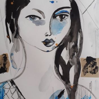 Pittura intitolato "Femme Portrait Bleu" da Céline Marcoz, Opera d'arte originale, Acquarello