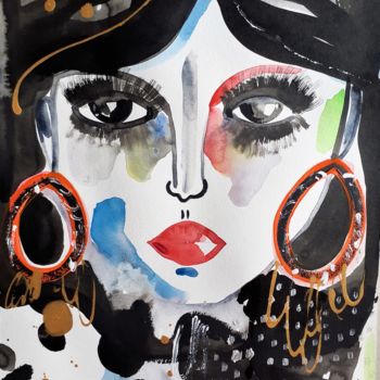 Peinture intitulée "Femme Visage Regard" par Céline Marcoz, Œuvre d'art originale, Encre