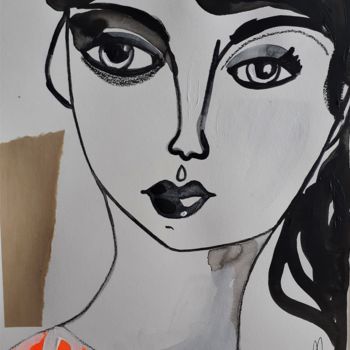 Peinture intitulée "Femme Portrait Visa…" par Céline Marcoz, Œuvre d'art originale, Encre