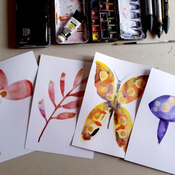 Painting titled "Petites cartes Natu…" by Céline Marcoz, Original Artwork, Watercolor