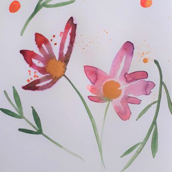 Schilderij getiteld "Fleurs Roses Aquare…" door Céline Marcoz, Origineel Kunstwerk, Aquarel