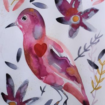 Картина под названием "Oiseau Rose Aquarel…" - Céline Marcoz, Подлинное произведение искусства, Акварель