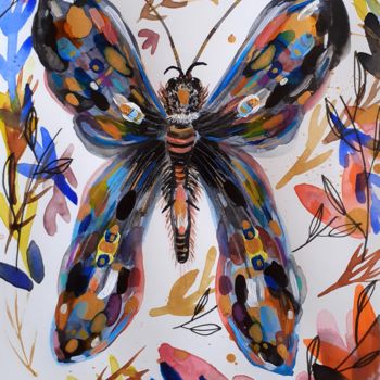 Pittura intitolato "Papillon Bleu Aquar…" da Céline Marcoz, Opera d'arte originale, Acquarello