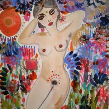 Painting titled "Nu Femme Jardin Fle…" by Céline Marcoz, Original Artwork, Watercolor