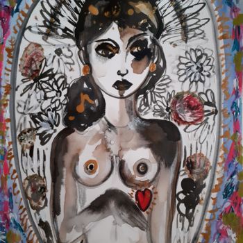 Peinture intitulée "Femme Cœur Portrait" par Céline Marcoz, Œuvre d'art originale, Aquarelle